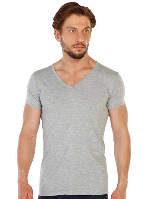 Tolin V Yaka Erkek Kısa Kollu Pamuklu Gri Melanj Fanila 12'li 317G - S000075051-20600