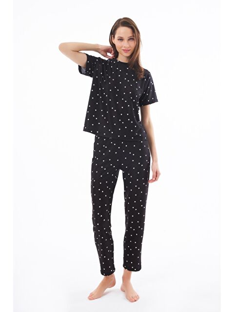 Cottonhill Premium Kadın Pijama Takımı Siyah Kalp Desenli Yumuşak Dokulu Kısa Kollu Bisiklet Yaka - S000412645-19351