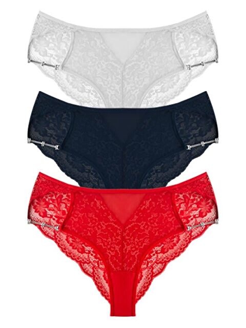 Cottonhill Transparan Tüllü Dantel Ve Zincir Detaylı Büyük Beden Kadın Bikini Külot 3'Lü Paket - S000435669-27206