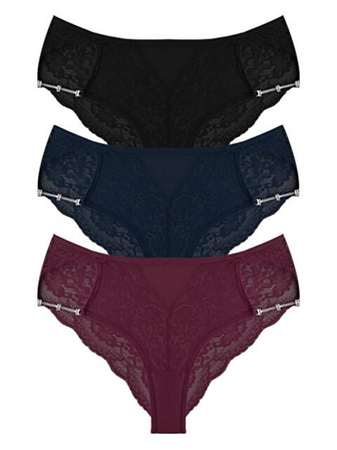Cottonhill Transparan Tüllü Dantel Ve Zincir Detaylı Büyük Beden Kadın Bikini Külot 3'Lü Paket-2 - S000435669-27207