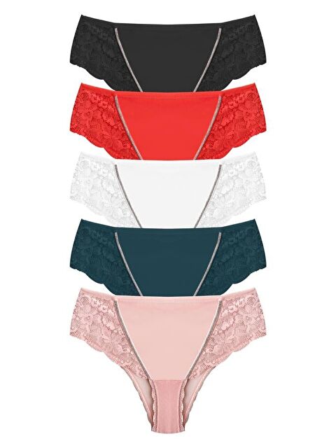 Cottonhill Transparan Tüllü Dantel Detaylı Büyük Beden Kadın Bikini Külot 5'Li Paket - S000435671-27204