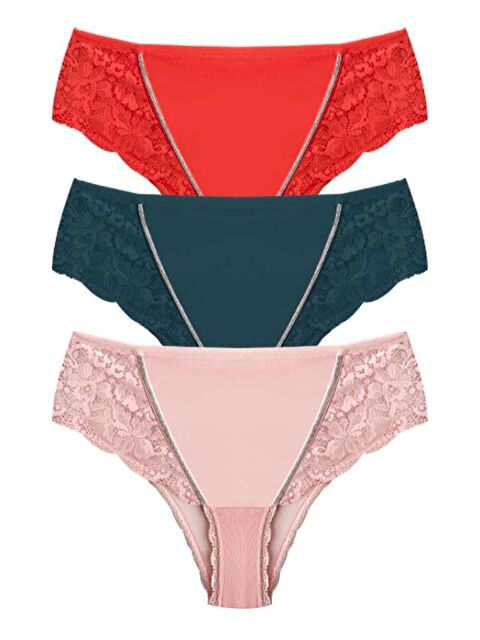 Cottonhill Transparan Tüllü Dantel Detaylı Büyük Beden Kadın Bikini Külot 3'Lü Paket - S000435674-27206