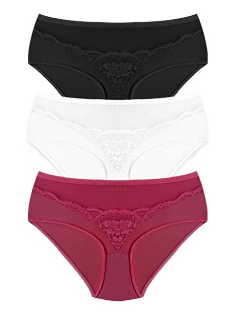 Cottonhill Transparan Tüllü Dantel Detaylı Beli Lastikli Büyük Beden Kadın Bikini Külot 3'Lü Paket-2 - S000435675-27207