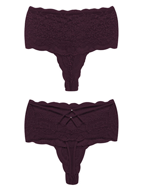 Cottonhill Mürdüm Dantelli Lastik Detaylı Yüksek Bel Kadın Tanga Külot - S000436097-20036