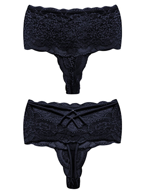 Cottonhill Lacivert Dantelli Lastik Detaylı Yüksek Bel Kadın Tanga Külot - S000436097-21164