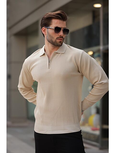 Madmext Bej Polo Yaka Fermuarlı Uzun Kollu Erkek Kazak 7240 - S000252653-19928