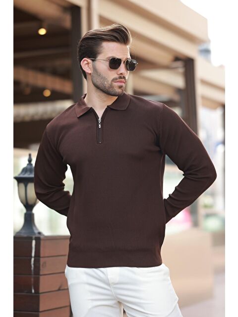 Madmext Kahverengi Polo Yaka Fermuarlı Uzun Kollu Erkek Kazak 7240 - S000252653-19413