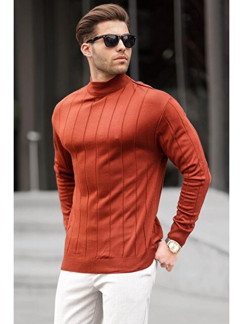 Madmext Kiremit Slim Fit Yarım Balıkçı Yaka Çizgili Tüylenmeyen Erkek Triko Kazak 6344 - S000015710-18657