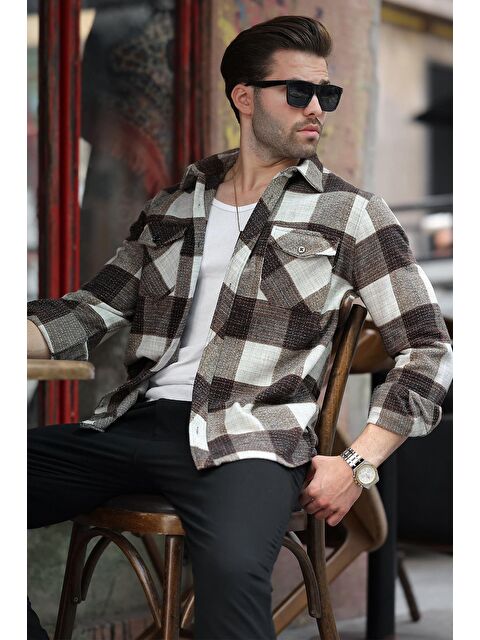 Madmext Kahverengi Desenli Göğüs Cepli Erkek Polar %100 Pamuk Gömlek 6754 - S000286922-19413