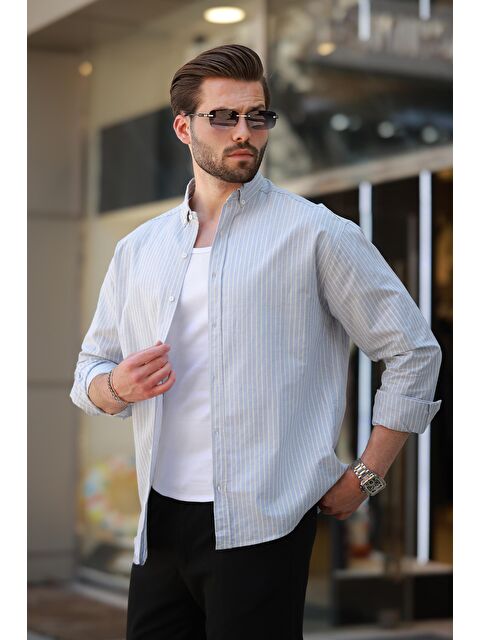 Madmext Mavi Çizgili Uzun Kollu Pamuklu Erkek %100 Pamuk Gömlek 6746 - S000225688-17234