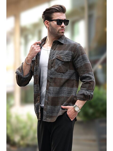 Madmext Haki Desenli Göğüs Cepli Erkek Polar Gömlek 6754