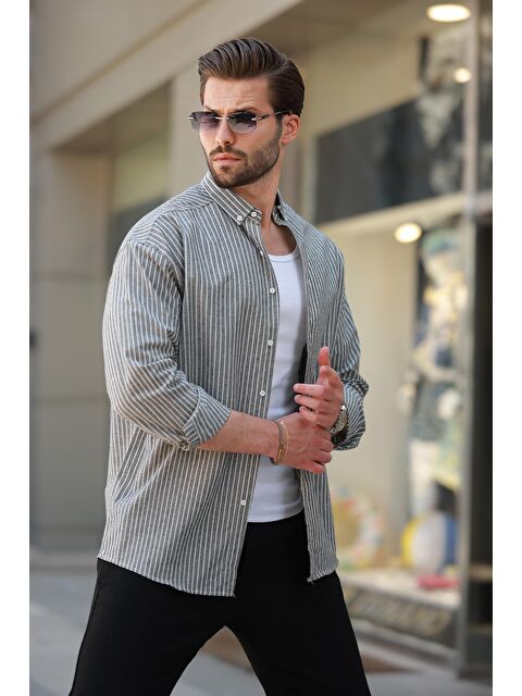 Madmext Siyah Çizgili Uzun Kollu Pamuklu Erkek %100 Pamuk Gömlek 6746 - S000225688-19351