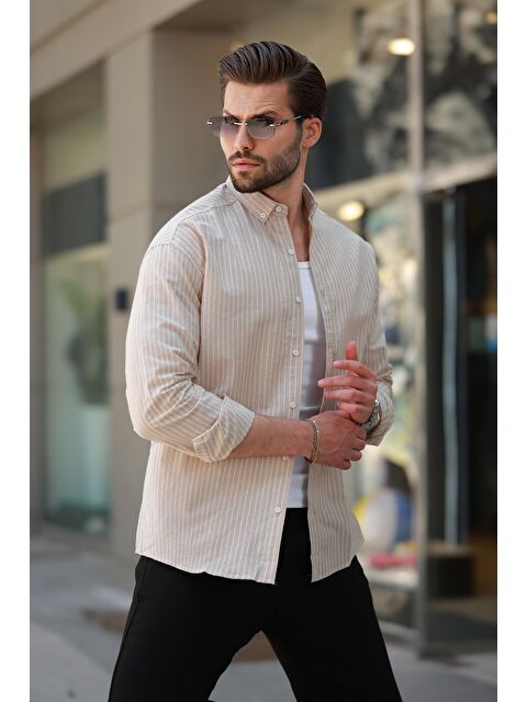 Madmext Bej Çizgili Uzun Kollu Pamuklu Erkek %100 Pamuk Gömlek 6746 - S000225688-19928