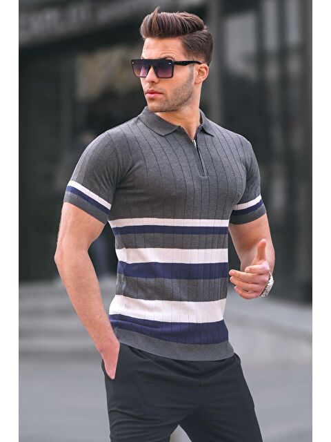 Madmext Çizgili Triko Antrasit Polo Yaka Tişört 6356 - S000015935-29666