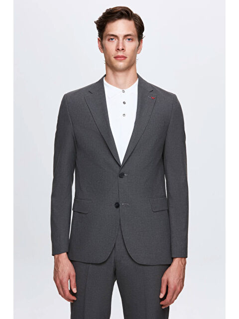 D'S damat Slim Fit Gri Düz Elastanlı Esnek Mono Yaka Çift Yırtmaçlı Astarlı Takim Elbise