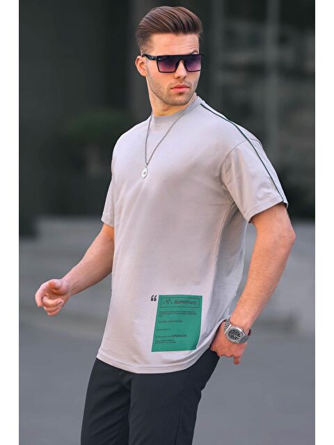 Madmext Boyalı Gri Baskılı Over Fit Erkek %100 Pamuk Tişört 6111 - S000015945-22875