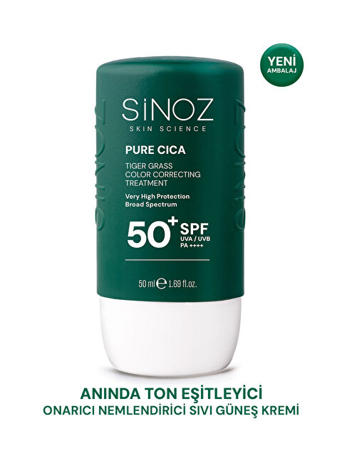 Sinoz Pure Cica Tiger Grass Anında Ton Eşitleyici Onarıcı Nemlendirici Spf50 Sıvı Yüz Güneş Kremi