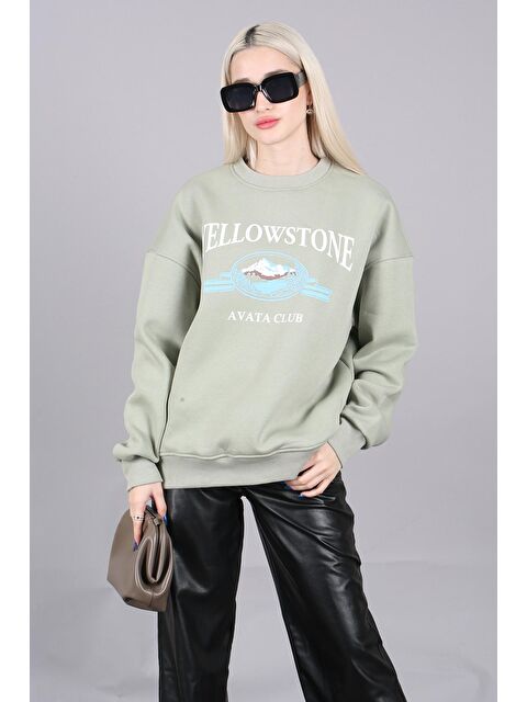 Madmext Mint Yeşili Bisiklet Yaka Baskılı Sweatshirt Mg1571 - S000030590-17259