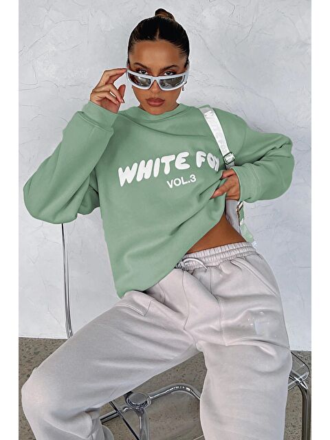 Madmext Mint Yeşili Bisiklet Yaka Baskılı Sweatshirt Mg1904 - S000046915-17259