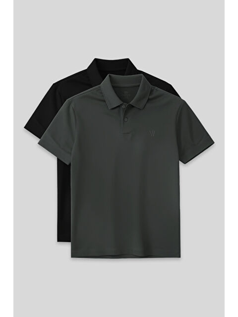 Tommylife Standart Fit Basic Polo Yaka 2'li Paket Siyah-Çağla Erkek Tişört - 87768 - S000424702-37449