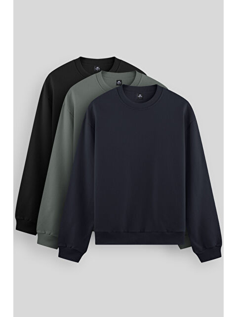 Tommylife Standart Fit Basic O Yaka  3lü Paket Siyah-Lacivert-Çağla Erkek  Sweatshirt  88053 - S000424700-37436