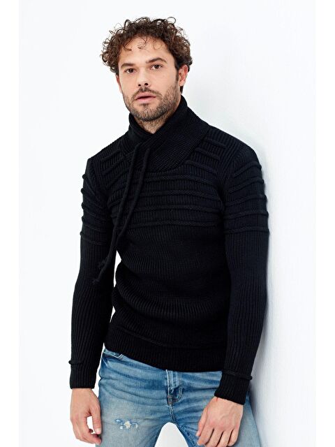 Tarz Cool Kahverengi/laci Şal Yaka Gögüs Çizgili Triko Kazak - S000152848-19351