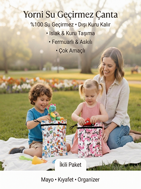 Yorni 2 Adet, 36x30 cm, Mom ve Family Desen, Sıvı Geçirmeyen Çok Amaçlı Çanta, Ekonomik Set, Yıkanabilir