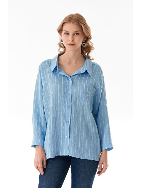 Fullamoda Çizgili Krep Kumaş Tek Cepli Arkası Uzun Salaş Gömlek - S000380963-17234