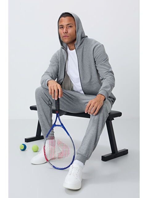 Tommylife Gri Melanj Kompakt Pamuklu Kalın Pürüzsüz Dokulu Kapüşonlu Comfort Fit Erkek Eşofman Takım   85262 - S000330156-74