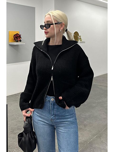 Madmext Siyah Çift Fermuarlı Triko Hırka Mg2256 - S000318760-19351