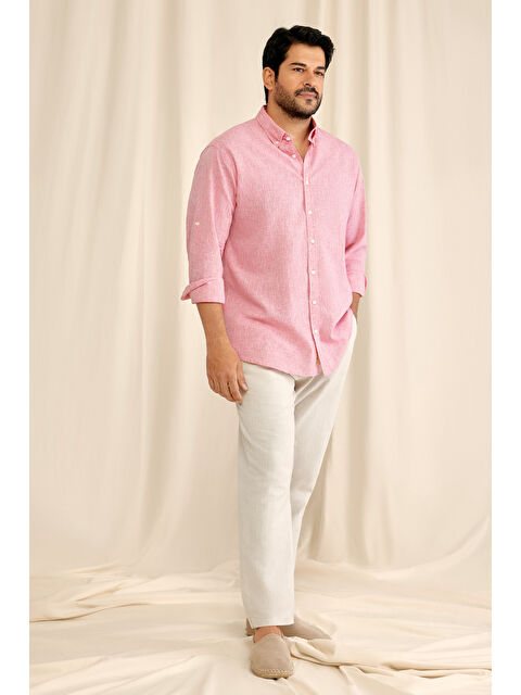 AC&Co / Altınyıldız Classics Erkek Fuşya Comfort Fit Rahat Kesim Düğmeli Yaka Casual Keten Gömlek