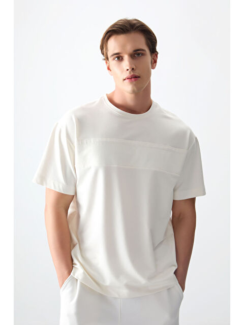 Air Jones Ekru Pamuklu Kalın Yumuşak Dokulu Oversize Fit Basic Erkek Tişört - 88378 - S000160656-19965