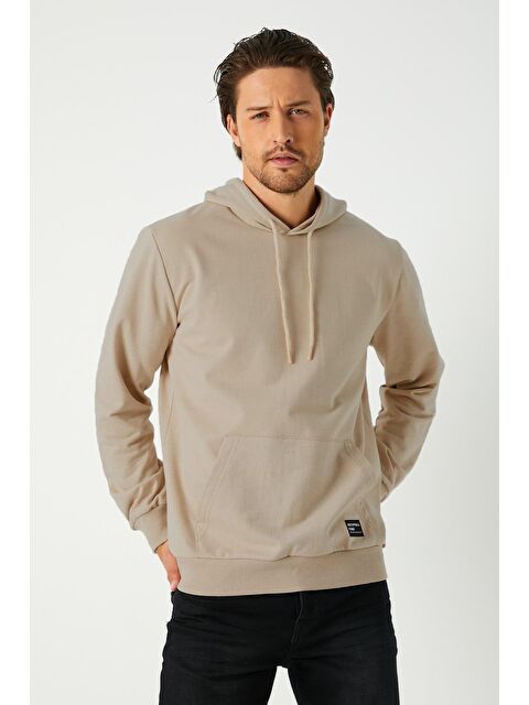 Mmetalic Bej  Kapüşonlu Kanguru Cepli Erkek Büyük Beden Hoodie - S000232152-19928