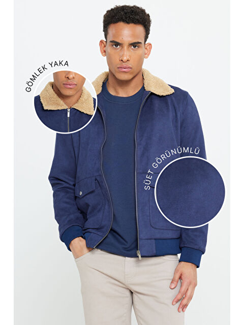 AC&Co / Altınyıldız Classics Erkek Lacivert Standart Fit Normal Kesim Gömlek Yaka Süet Görünümlü Mont - S000402410-21164