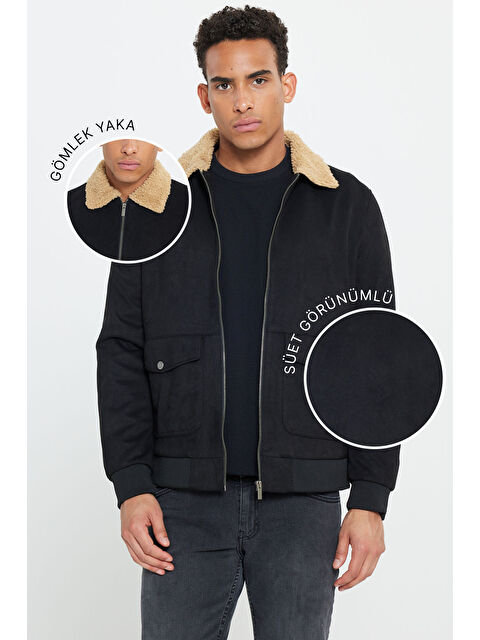 AC&Co / Altınyıldız Classics Erkek Siyah Standart Fit Normal Kesim Gömlek Yaka Süet Görünümlü Kürk Yaka Mont - S000402410-19351