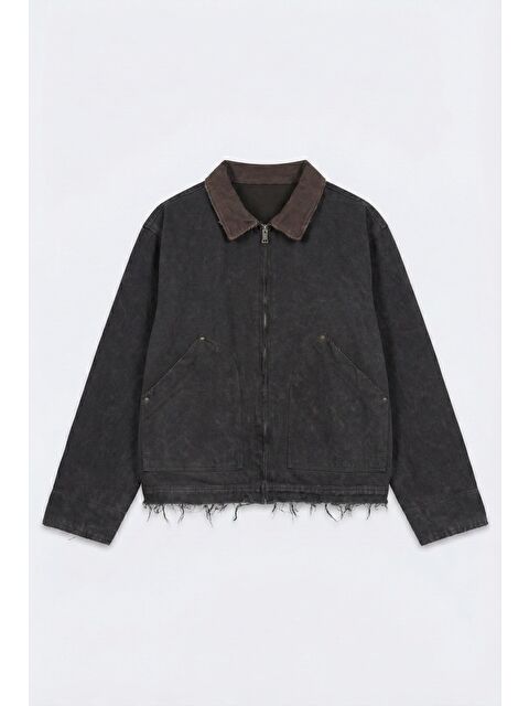 Abluka Online Erkek Kontrast Yaka Yıkamalı Relax Fit Ceket Siyah - S000481755-19351