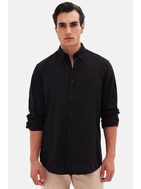 D'S damat Comfort Siyah Düğmeli Yaka Rahat Kesim Keten Görünümlü %100 Pamuk Gömlek - S000401437-19351