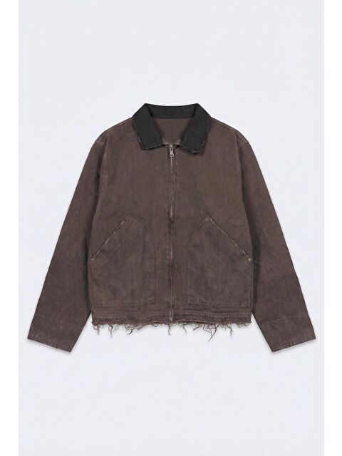 Abluka Online Erkek Kontrast Yaka Yıkamalı Relax Fit Ceket Kahverengi - S000481755-19413