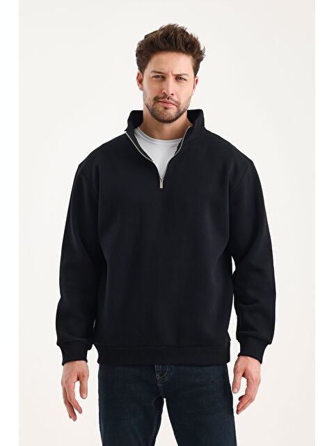 Genius Store Unisex %100 Pamuk Sweatshirt  Pamuklu Içi Polarlı Yarım Fermuarlı Dik Yaka %100 Pamuk Sweatshirt - S000300479-19351