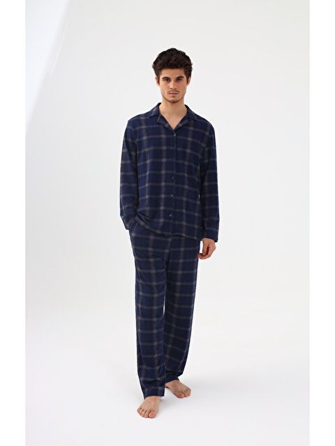 Koza İç Giyim Erkek Pamuklu Mavi Ekose Desenli Uzun Kollu Cep Detaylı Gömlek Yaka Pijama Takımı - S000296155-17234
