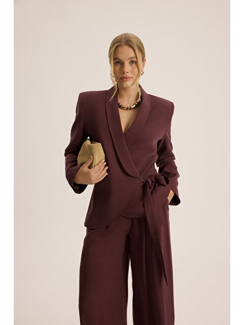 Mai Collection Mirelka Bağlamalı Bordo Blazer Pantolon Takım