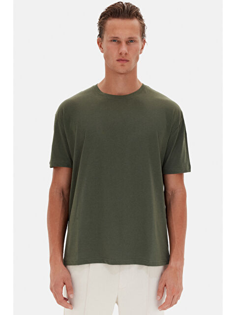 D'S damat Oversize Haki Bisiklet Yaka %100 Pamuk Tişört - S000398525-18547