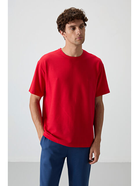 Air Jones Kırmızı Waffle İnterlok Yüzeyi Dokulu  Fit Basic Erkek Tişört - 88379 - S000160686-20045