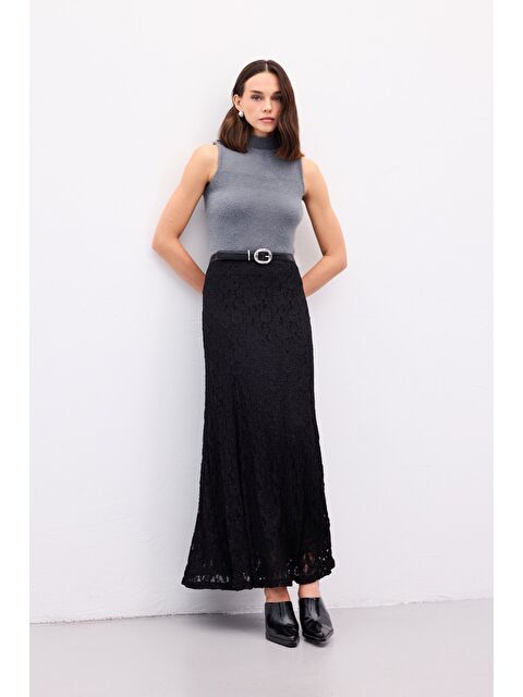 SATEEN Dantelli Uzun Etek - Siyah - S000499964-19351