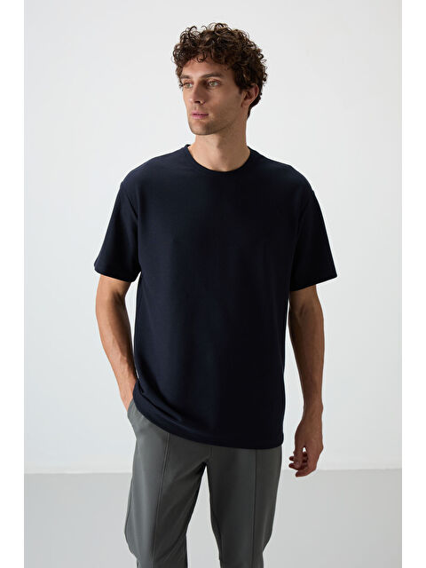 Air Jones Lacivert Waffle İnterlok Yüzeyi Dokulu  Fit Basic Erkek Tişört - 88379 - S000160686-21164