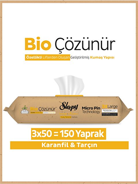 Sleepy Bio Çözünür Yüzey Temizlik Havlusu&Mendili Karanfil&Tarçın 3x50 (150 Yaprak) - S000385972-10231