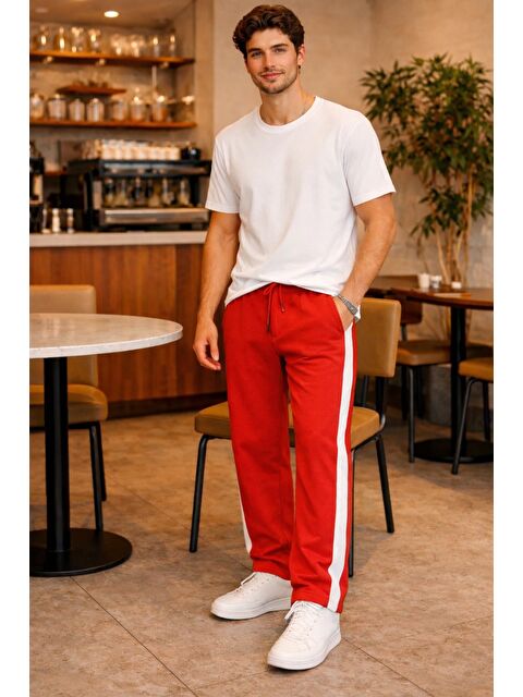 Tarz Cool Erkek Beyaz Şeritli Eşofman Altı Bağcıklı Baggy Rahat Kesim Günlük Spor Pantolon - S000502574-20045