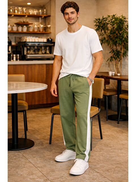 Tarz Cool Erkek Beyaz Şeritli Eşofman Altı Bağcıklı Baggy Rahat Kesim Günlük Spor Pantolon - S000502574-18547