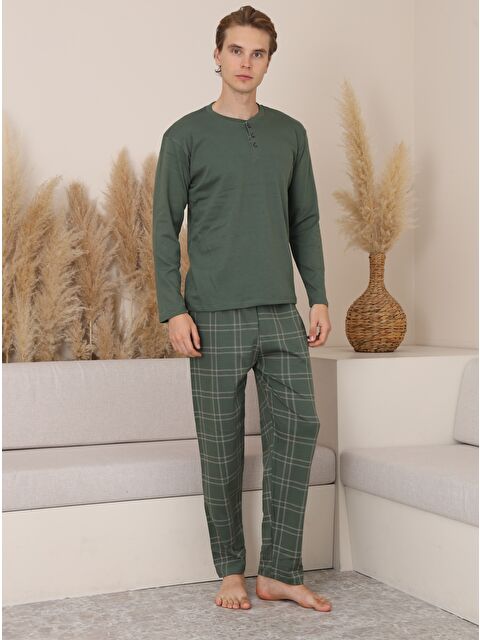 Formo Erkek %100 Doğal Pamuk Ekoseli Düğmeli Uzun Kol Kaliteli Pijama Takımı - S000500134-18194