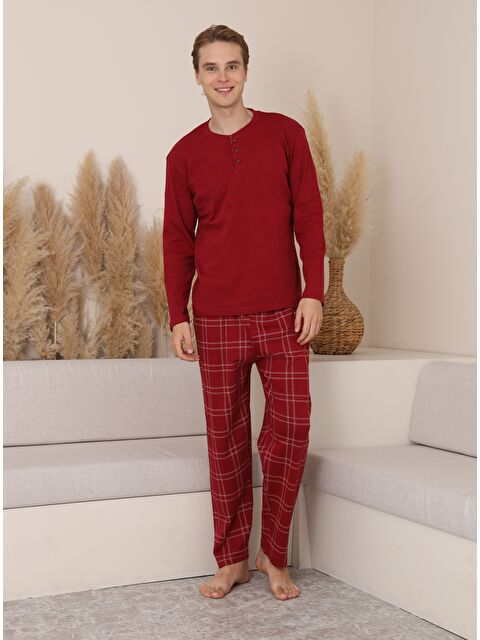 Formo Erkek %100 Doğal Pamuk Ekoseli Düğmeli Uzun Kol Kaliteli Pijama Takımı - S000500134-19951